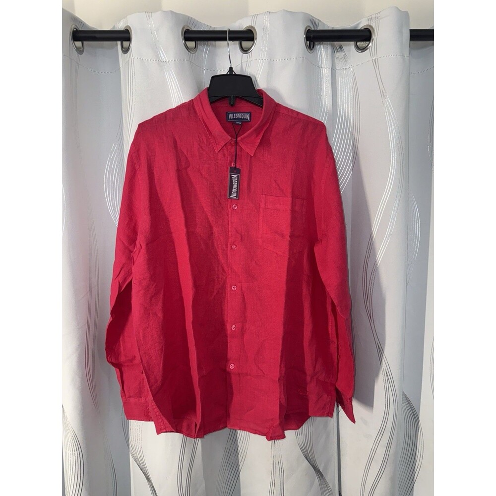 Vilebrequin CAROUBIS Men's Red Linen Button-Front Long Sleeve Dress Shirt 2XL